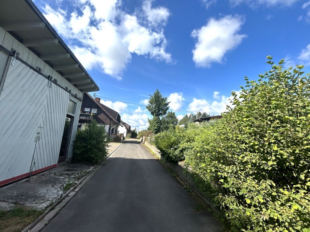 Einfahrt, links die Scheune/Werkstatt u. Carport 