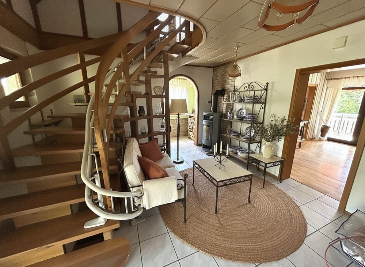 Eingangshalle mit sehr breiter Treppe (Treppenlift)