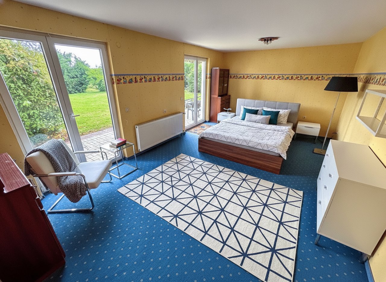 Schlafzimmer Zugang zum Garten (mit KI eingerichtet) Schlafzimmer Zugang zum Garten (mit KI eingerichtet)